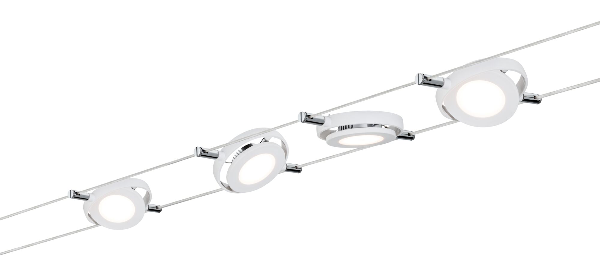 Modern white cable lighting system with three round metal LED spotlights for flexible room lighting