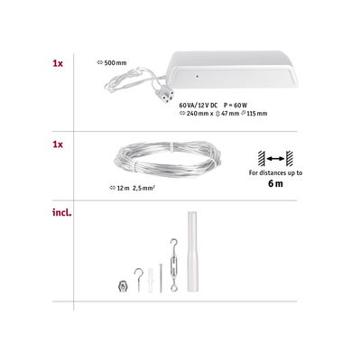 Alimentation 60W 12V DC blanche avec câble de 500mm, fil de connexion de 12m et accessoires de montage pour éclairage