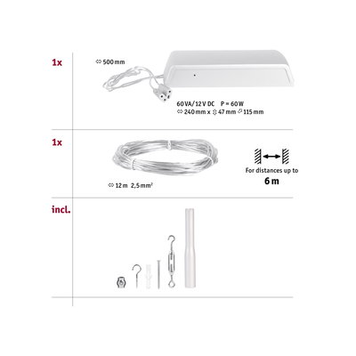 Witte 60W 12V DC voeding met 500mm kabel, 12m aansluitdraad en montagemateriaal voor verlichting