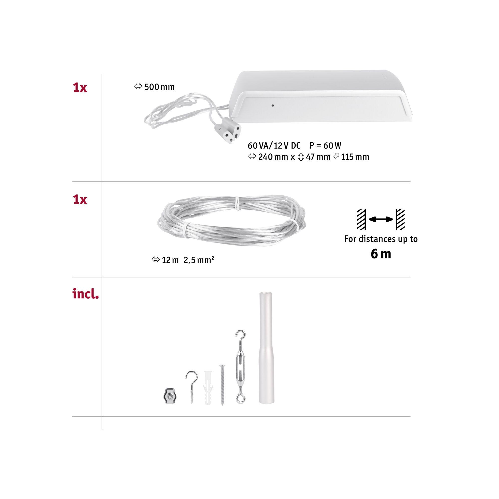 White LED driver housing 60W with 500mm cable, mounting accessories and 12m connection wire included
