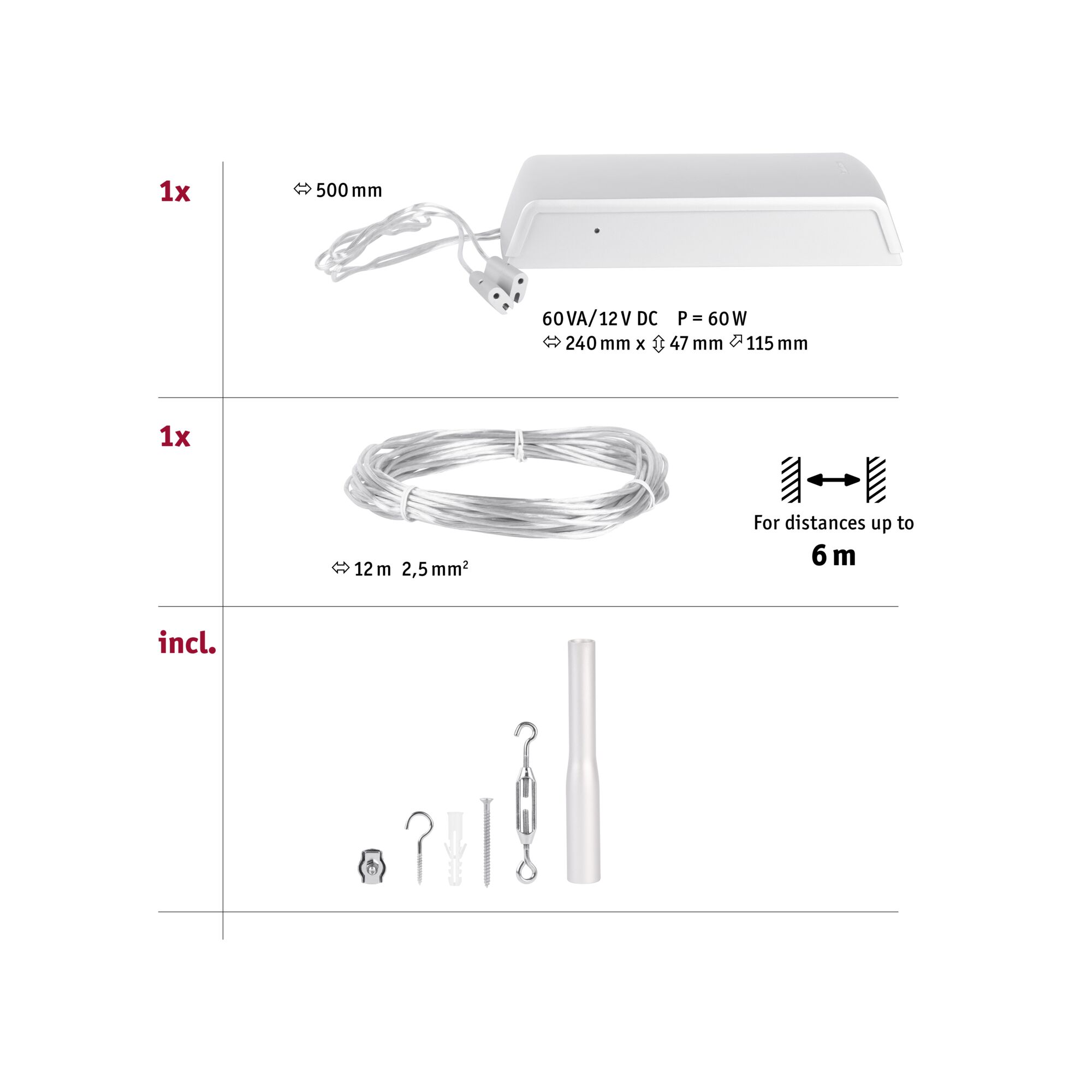 Boîtier d'alimentation LED blanc 60W avec câble de 500mm, accessoires de montage et câble de connexion de 12m