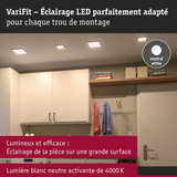 Éclairage LED blanc neutre 4000K au plafond d'une buanderie moderne avec armoires et vêtements suspendus