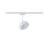 Moderner weißer LED-Spot aus Metall an Schienensystem für flexible Raumbeleuchtung