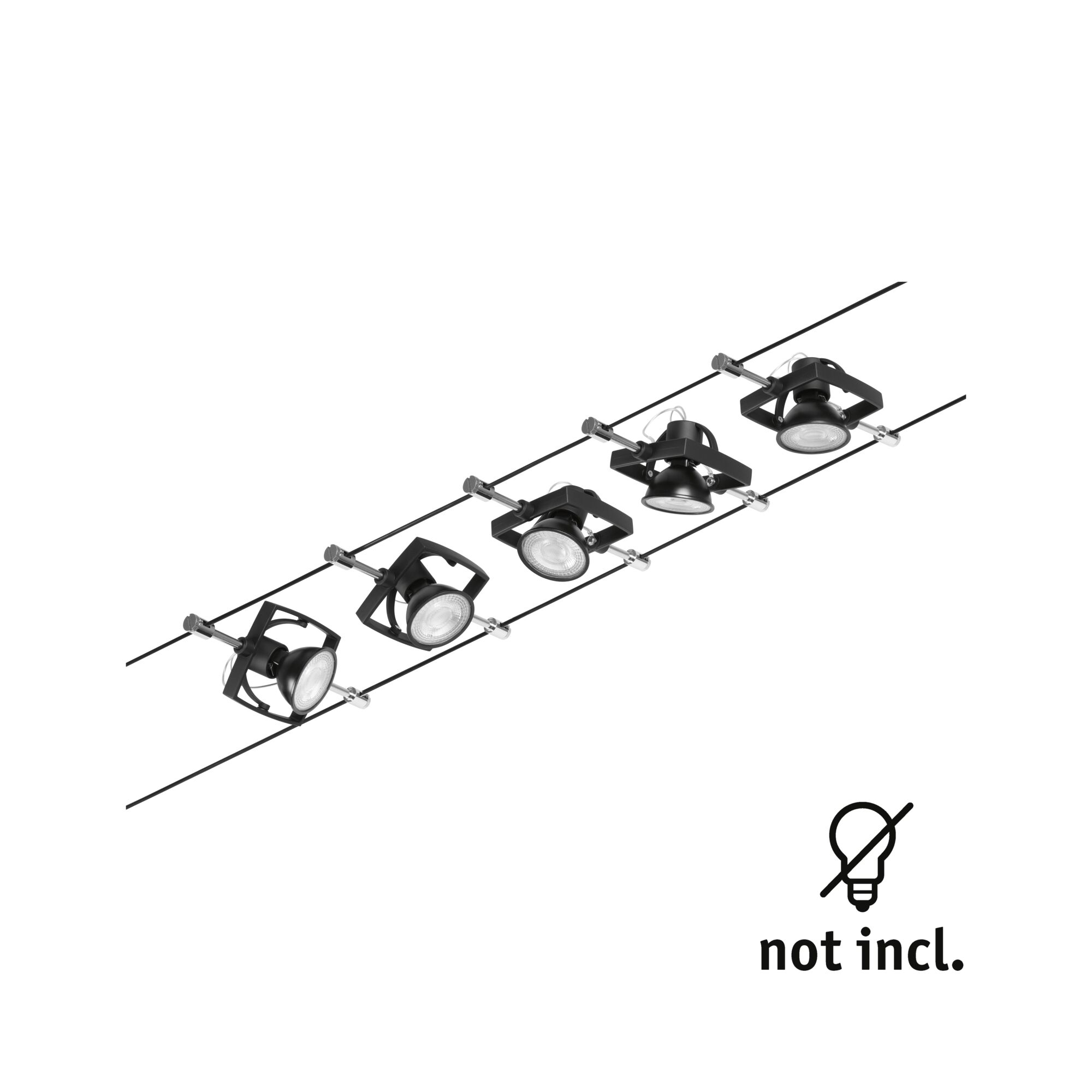 Black cable lighting system with five adjustable LED spotlights without bulbs for versatile room lighting