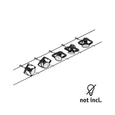 Black cable lighting system with five adjustable LED spotlights without bulbs for versatile room lighting