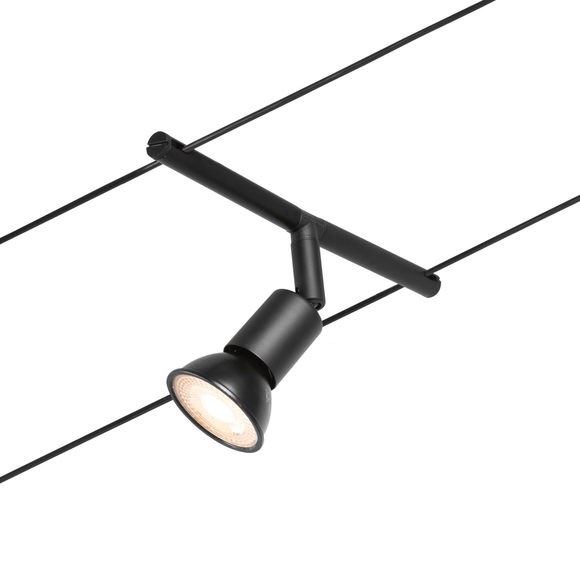 Black metal LED cable spotlight with adjustable head for flexible modern lighting solutions.