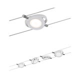 Modern white LED cable lighting system with round metal fixtures for flexible room illumination