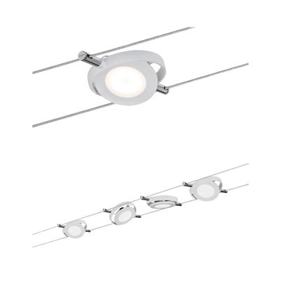 Modern white LED cable lighting system with round metal fixtures for flexible room illumination
