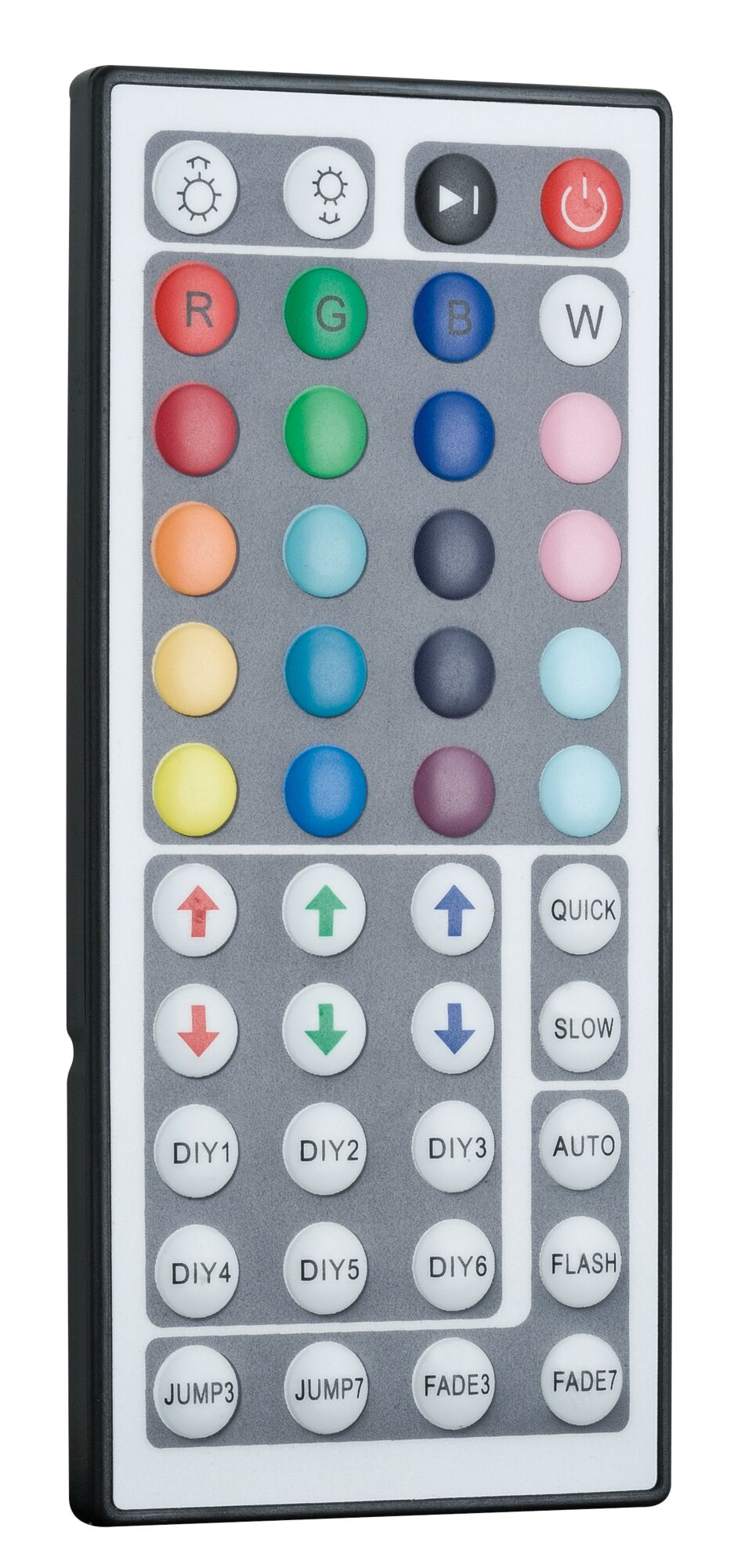 LED light remote control in black and white with color selection and modes for lighting control