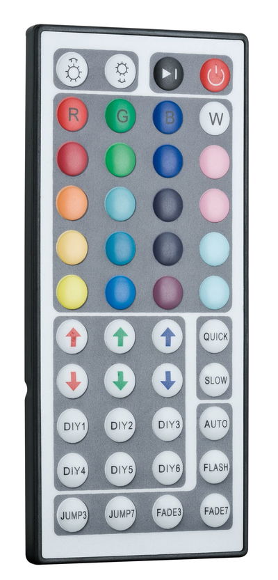 LED light remote control in black and white with color selection and modes for lighting control