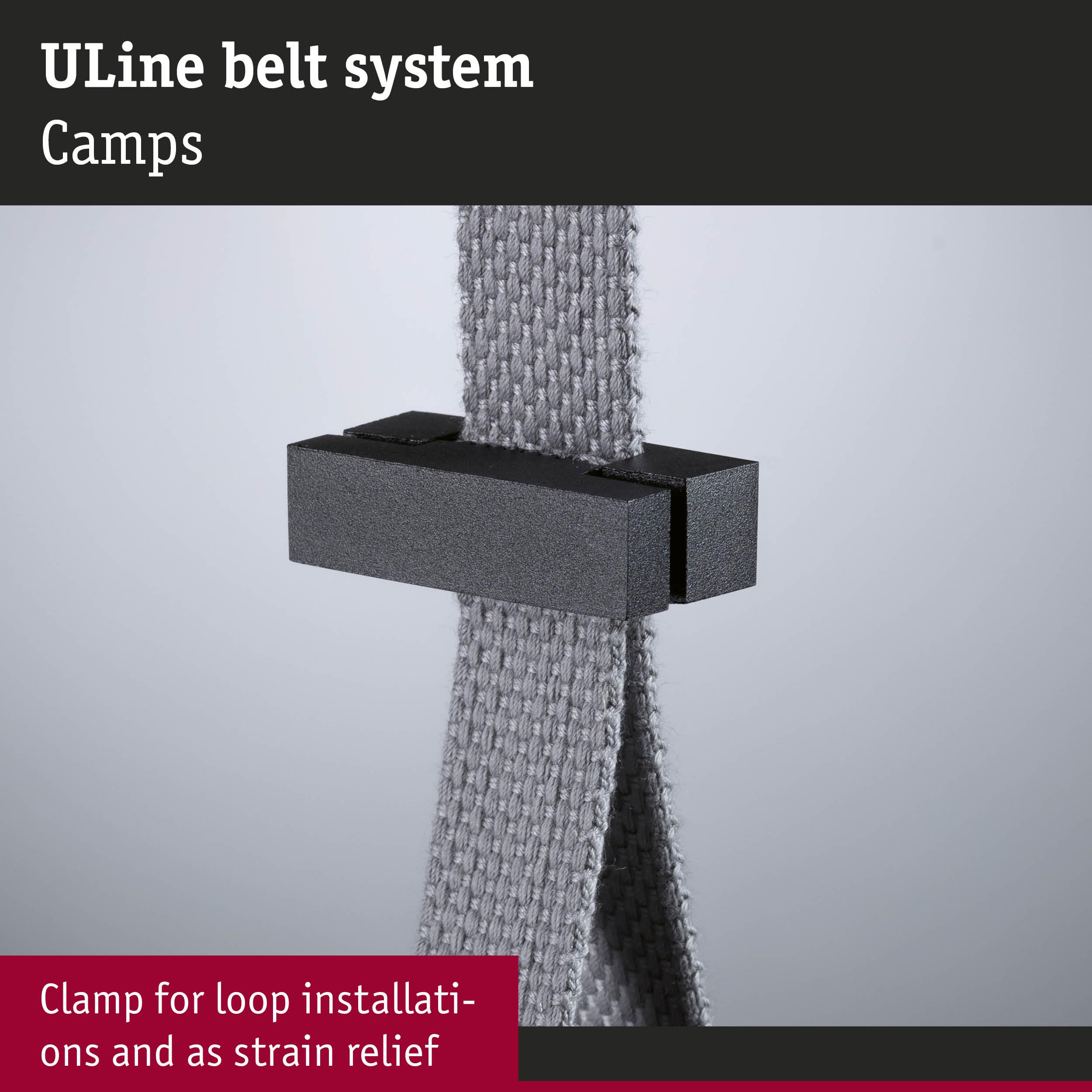 Black plastic clamp with grey textile strap for ULine belt system used for loop installations and strain relief