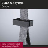 Black plastic clamp with grey textile strap for ULine belt system used for loop installations and strain relief