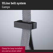 Black metal clamp with grey textile strap used as strain relief in ULine belt system