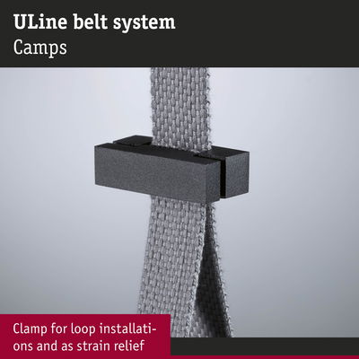 Black plastic clamp with grey textile strap for ULine belt system used for loop installations and strain relief