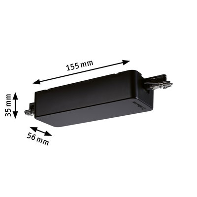 Black rectangular electronic housing measuring 155x56x35 mm for LED lighting technology