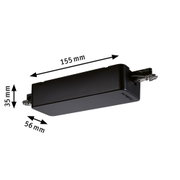 Black plastic housing measuring 155x56x35 mm with metal clip, technical component