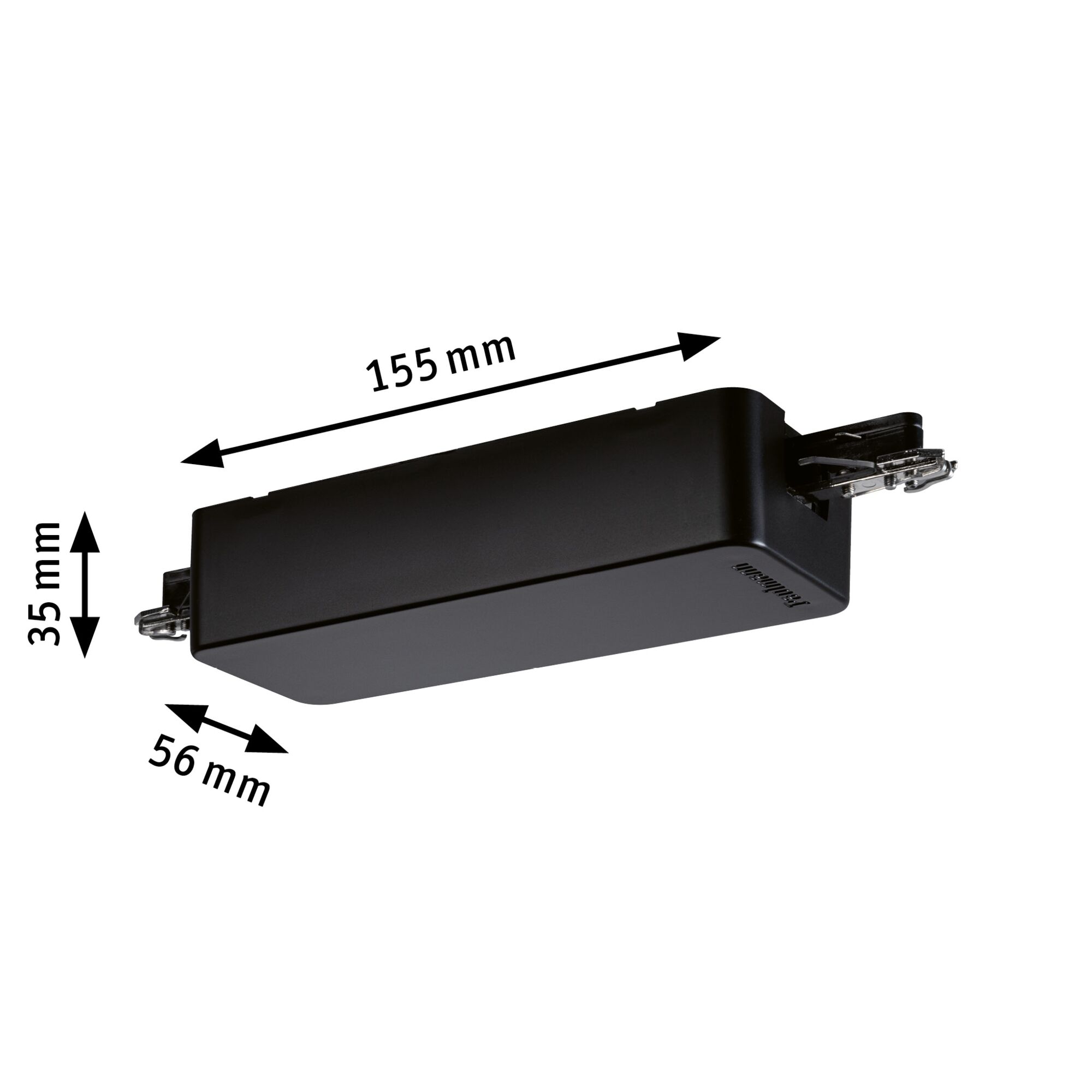 Black plastic housing measuring 155x56x35 mm with metal clip, technical component