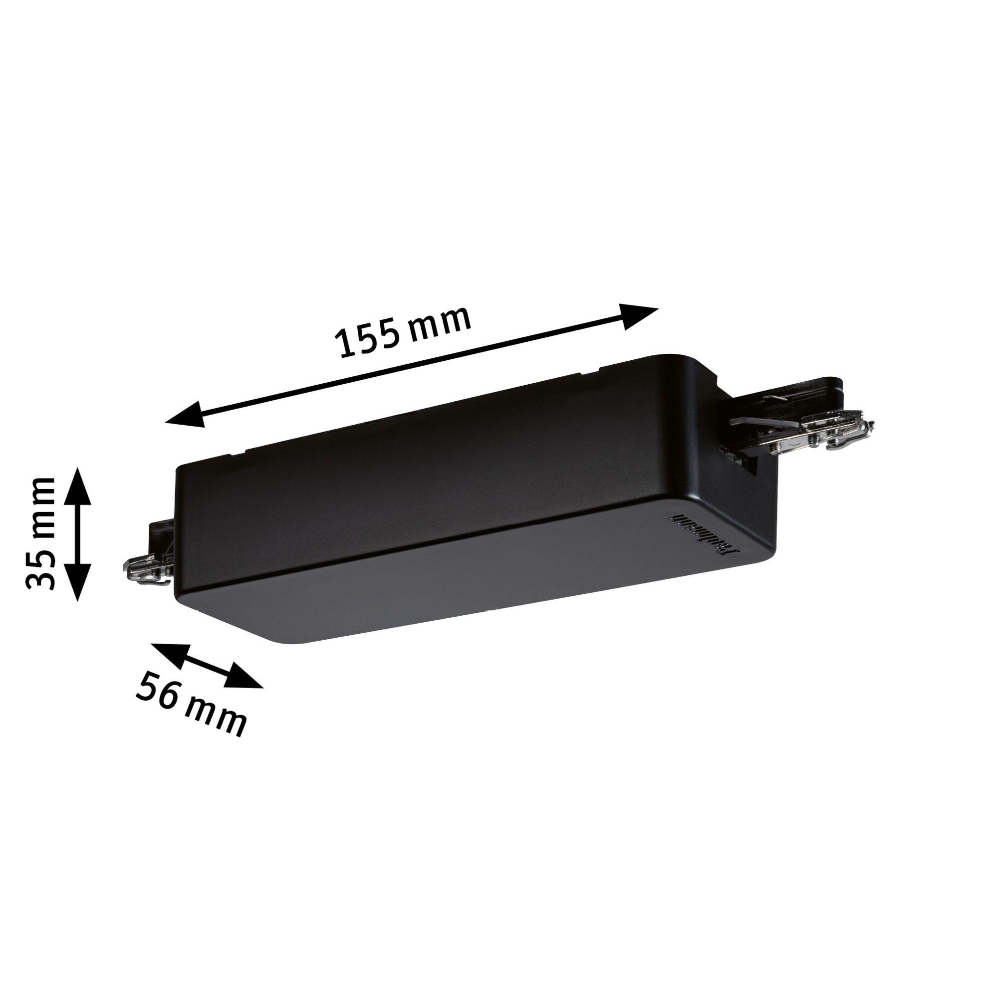 Black plastic housing measuring 155x56x35 mm with metal clip, technical component