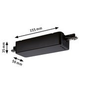 Black plastic housing measuring 155x56x35 mm with metal clip, technical component