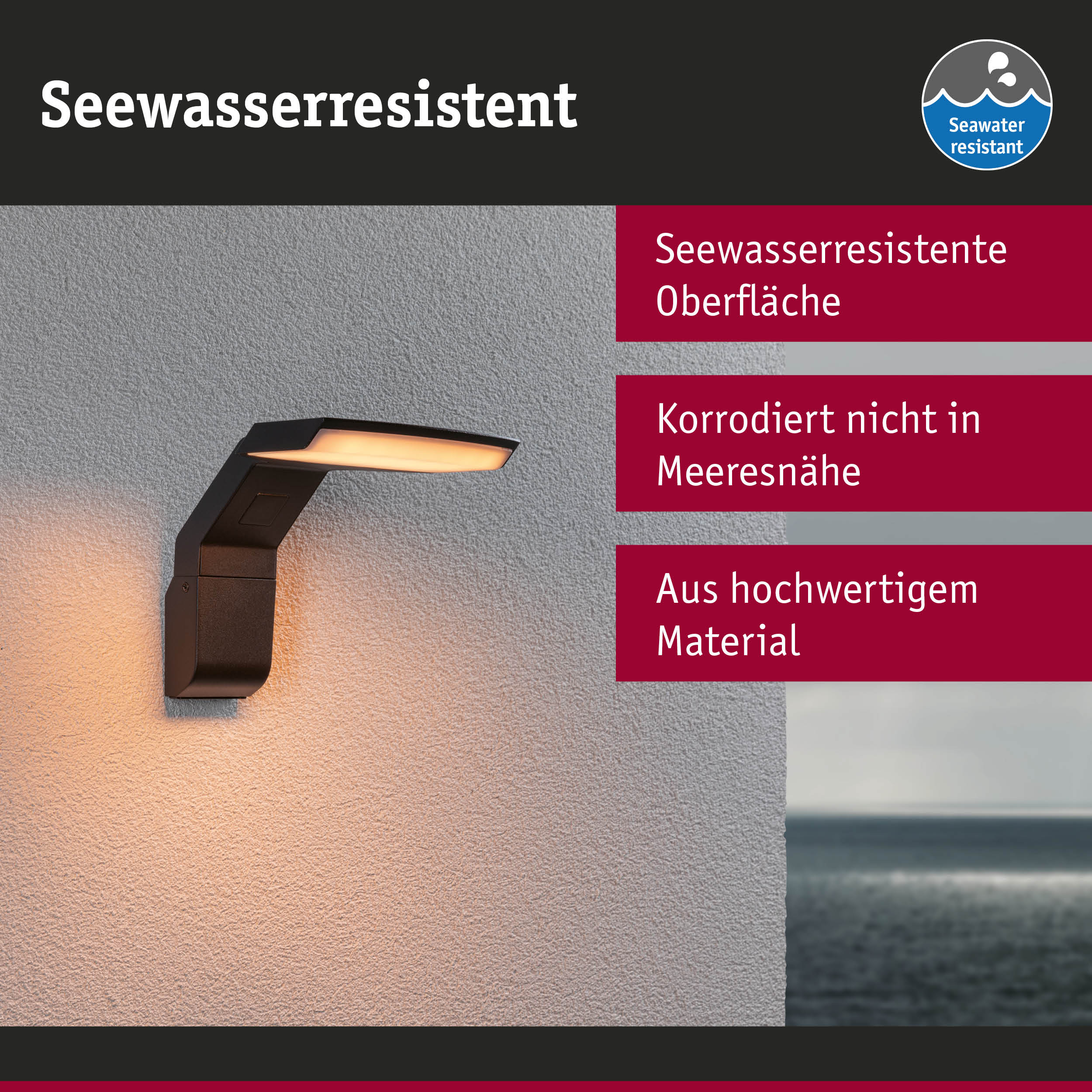 Schwarze Außenwandleuchte mit seewasserresistenter Oberfläche und warmweißem Licht für Meerumgebung