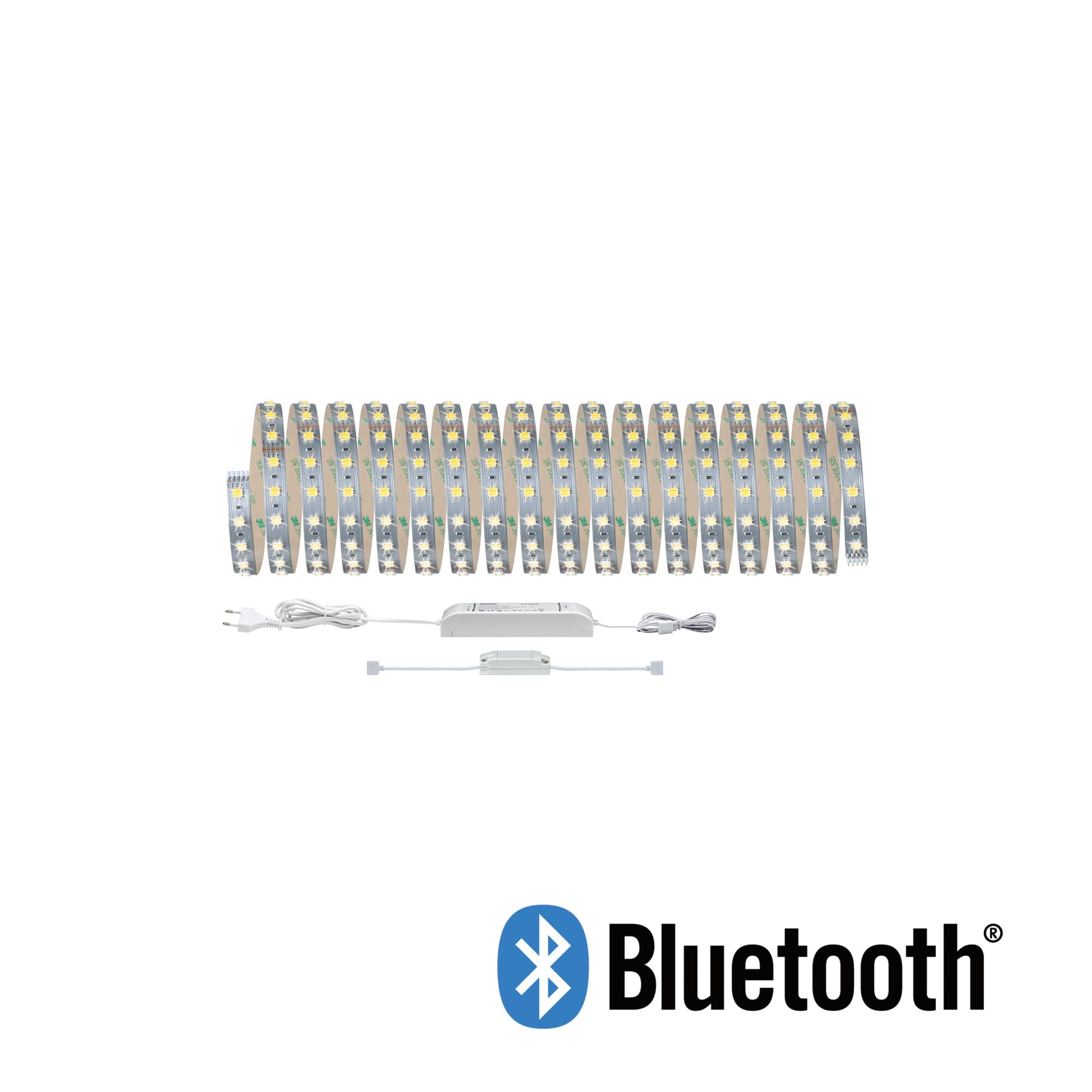White flexible LED strip with Bluetooth control, including power supply and controller for smart lighting