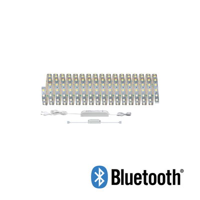 White flexible LED strip with Bluetooth control, including power supply and controller for smart lighting