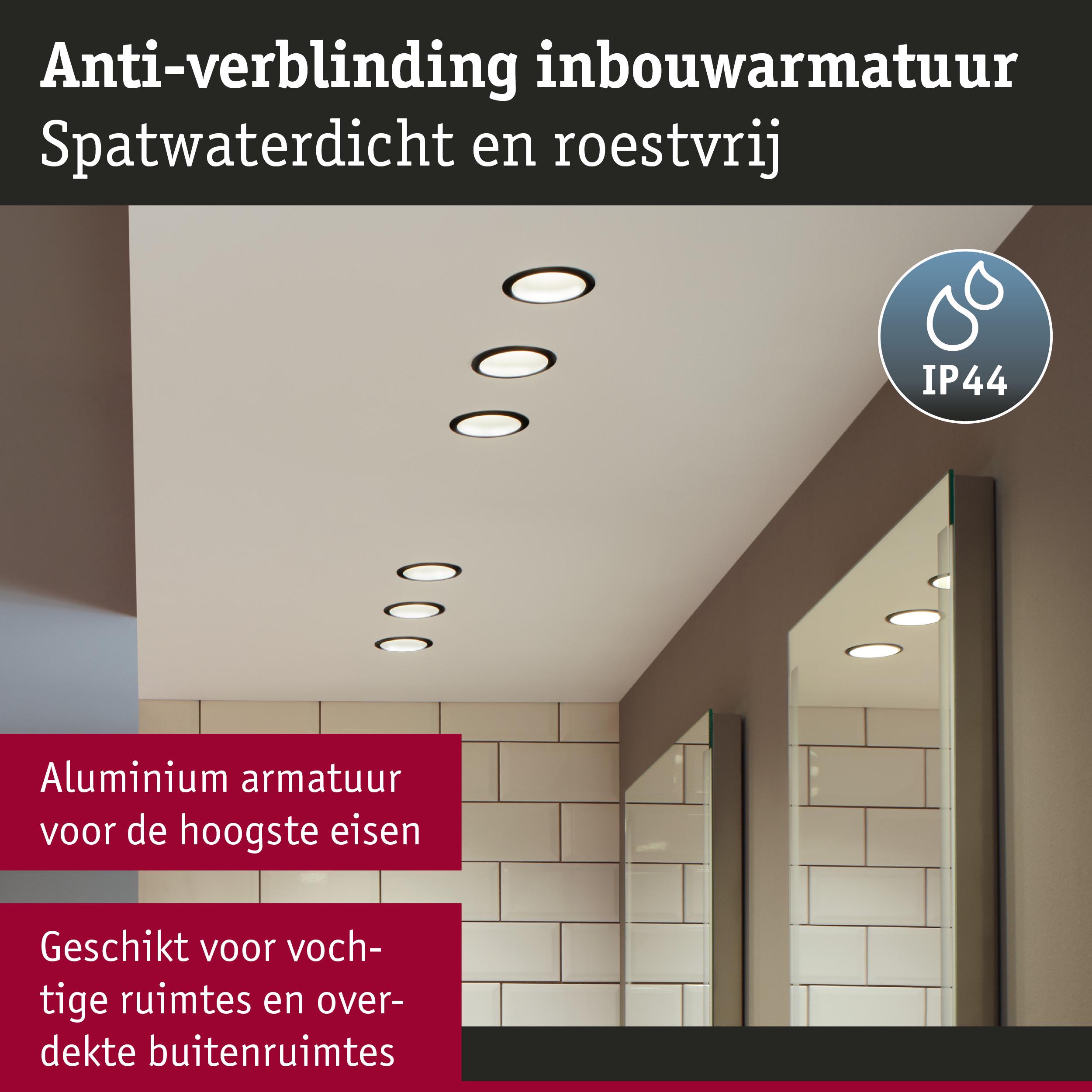Spatwaterdichte, roestvrije aluminium inbouwspot met anti-verblinding voor vochtige ruimtes en overdekte buitenruimtes