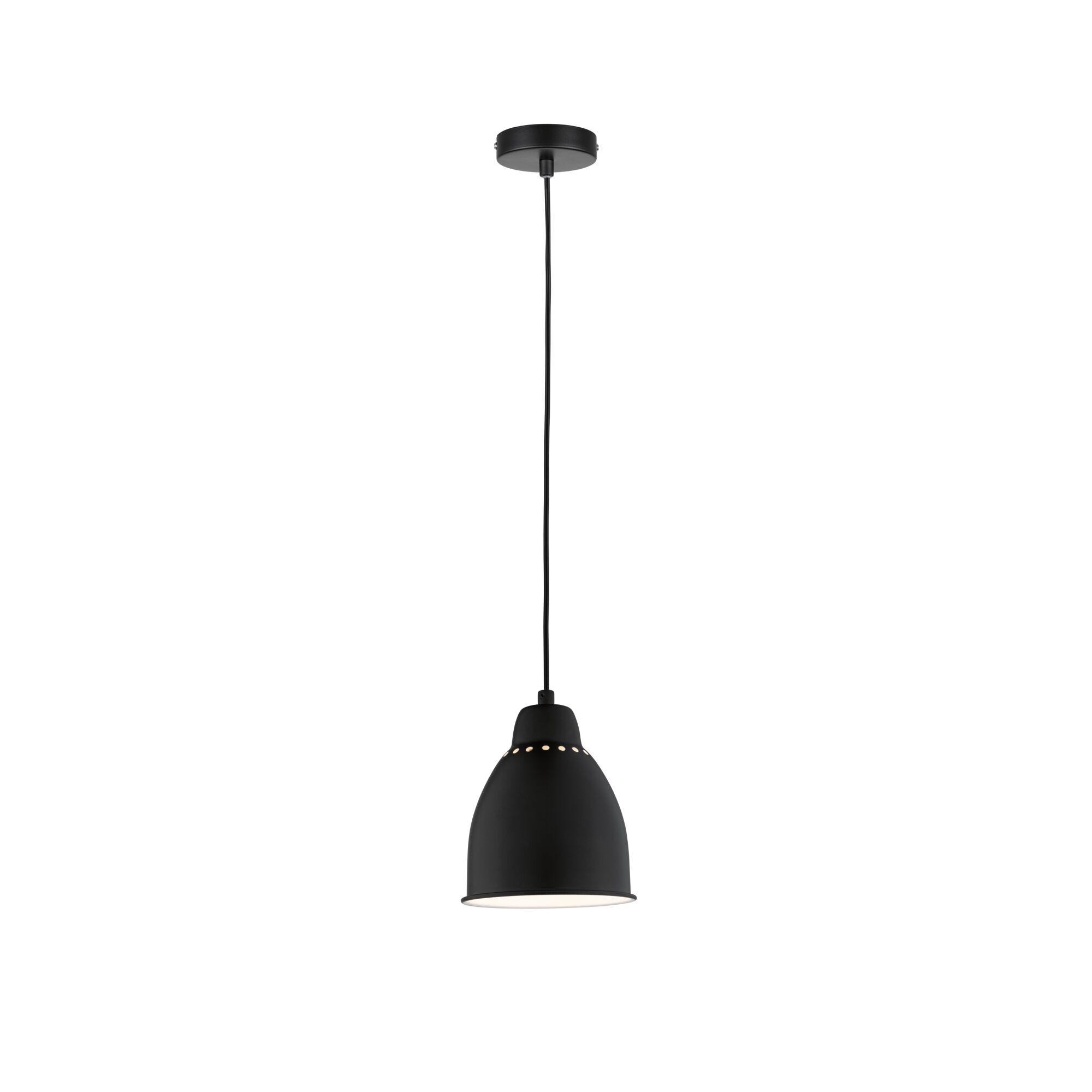 Schwarze Metall-Pendelleuchte mit Lochmuster am oberen Rand für moderne Wohnraumbeleuchtung