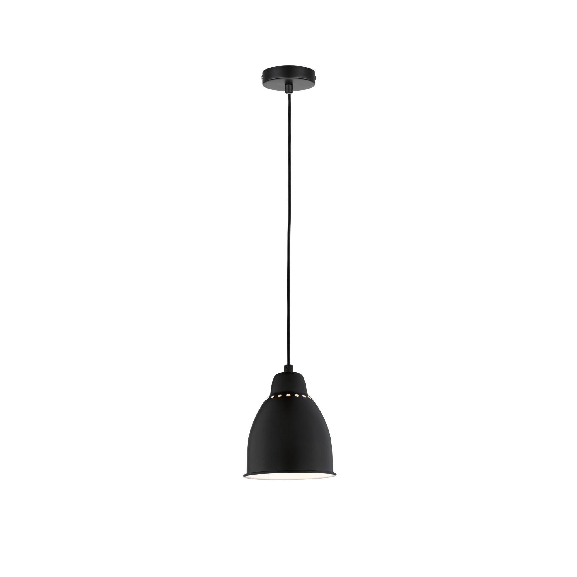 Zwarte metalen hanglamp met geperforeerd patroon en wit interieur voor moderne verlichting