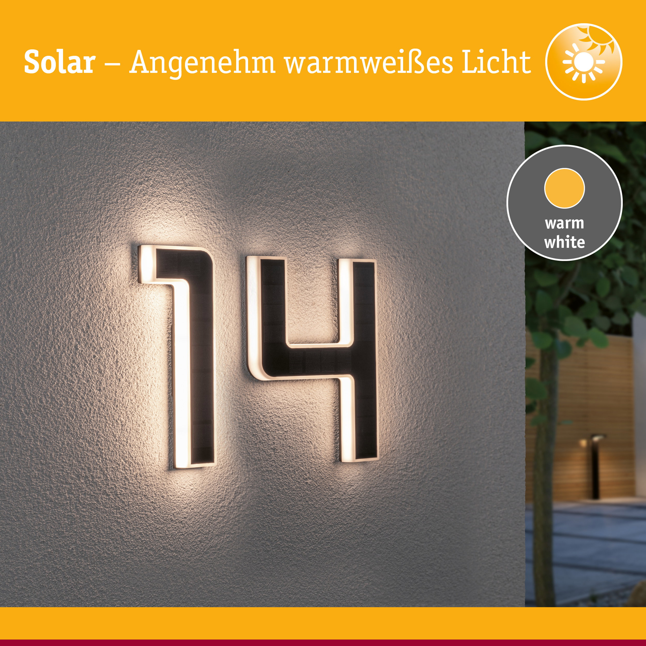 Solarhausnummer mit warmweißem Licht an grauer Wand für Außenbeleuchtung und Hausnummernbeleuchtung