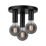 Ceiling light with three black metal sockets and warm white LED bulbs for modern interior lighting