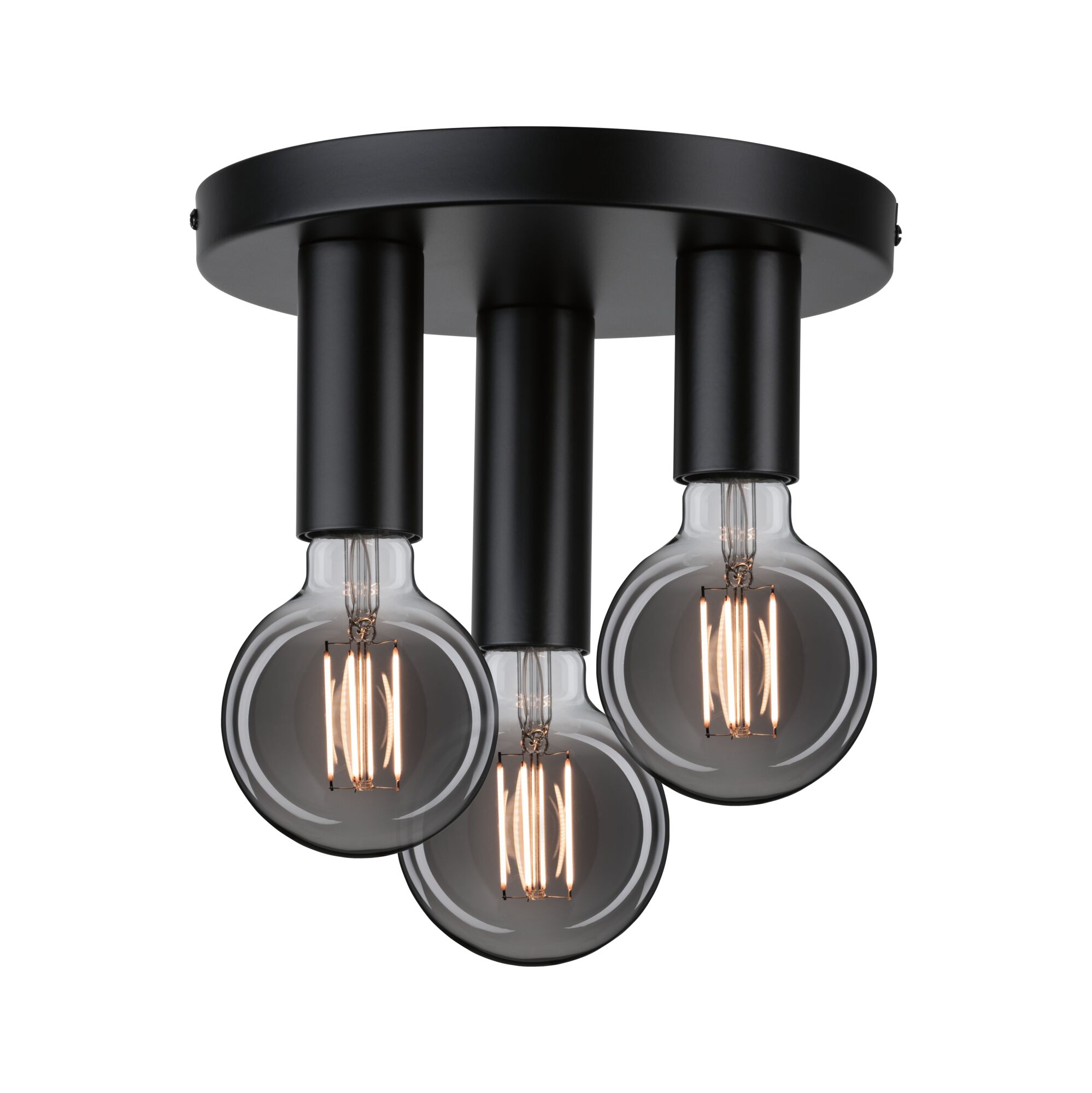Deckenleuchte mit drei schwarzen Metallfassungen und großen Rauchglas-LED-Glühbirnen für modernes Lichtdesign