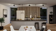 Moderne Küche mit weißer Insel, Holzpaneelwand und schwarzen Paulmann LED-Deckenstrahlern für Wohnraumbeleuchtung