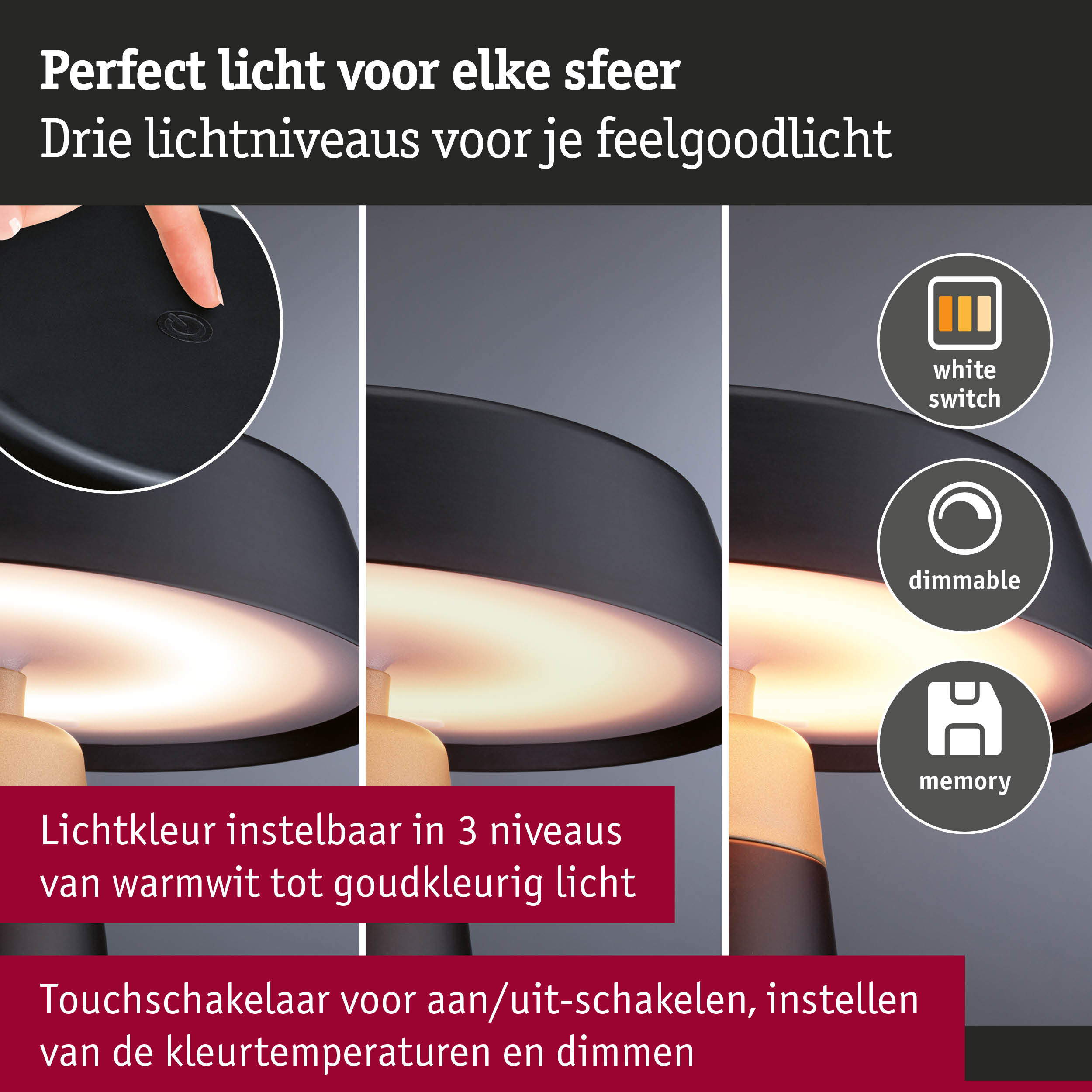 Zwarte LED-tafellamp met dimbare warmwitte verlichting en touchschakelaar voor sfeerlicht