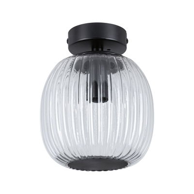 Ceiling light with ribbed clear glass and matte black metal mount for modern home lighting