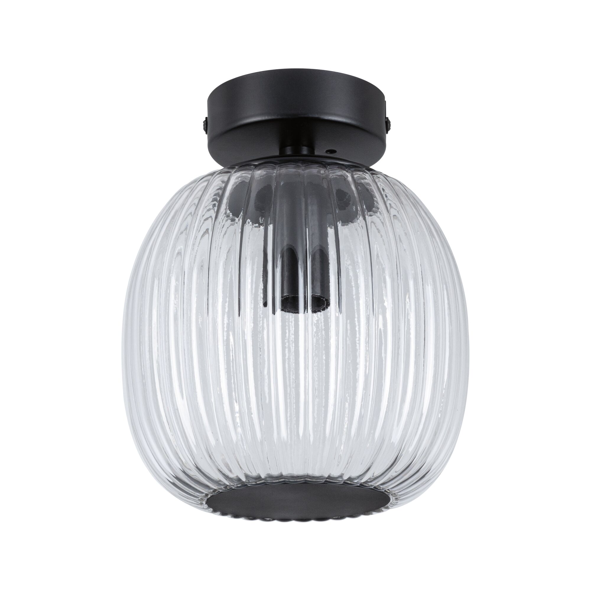 Plafonnier LED Ruya IP44 E14 230V max. 20W gradable Verre/Noir mat Plafonnier en verre transparent cannelé avec support en métal noir mat pour éclairage moderne