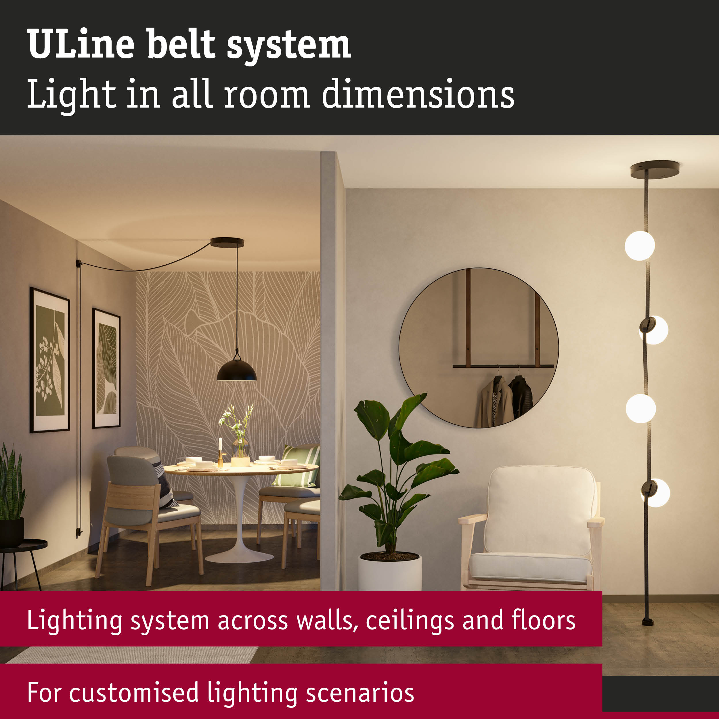 Modern living room featuring ULine belt lighting system on walls, ceiling and floor for custom lighting