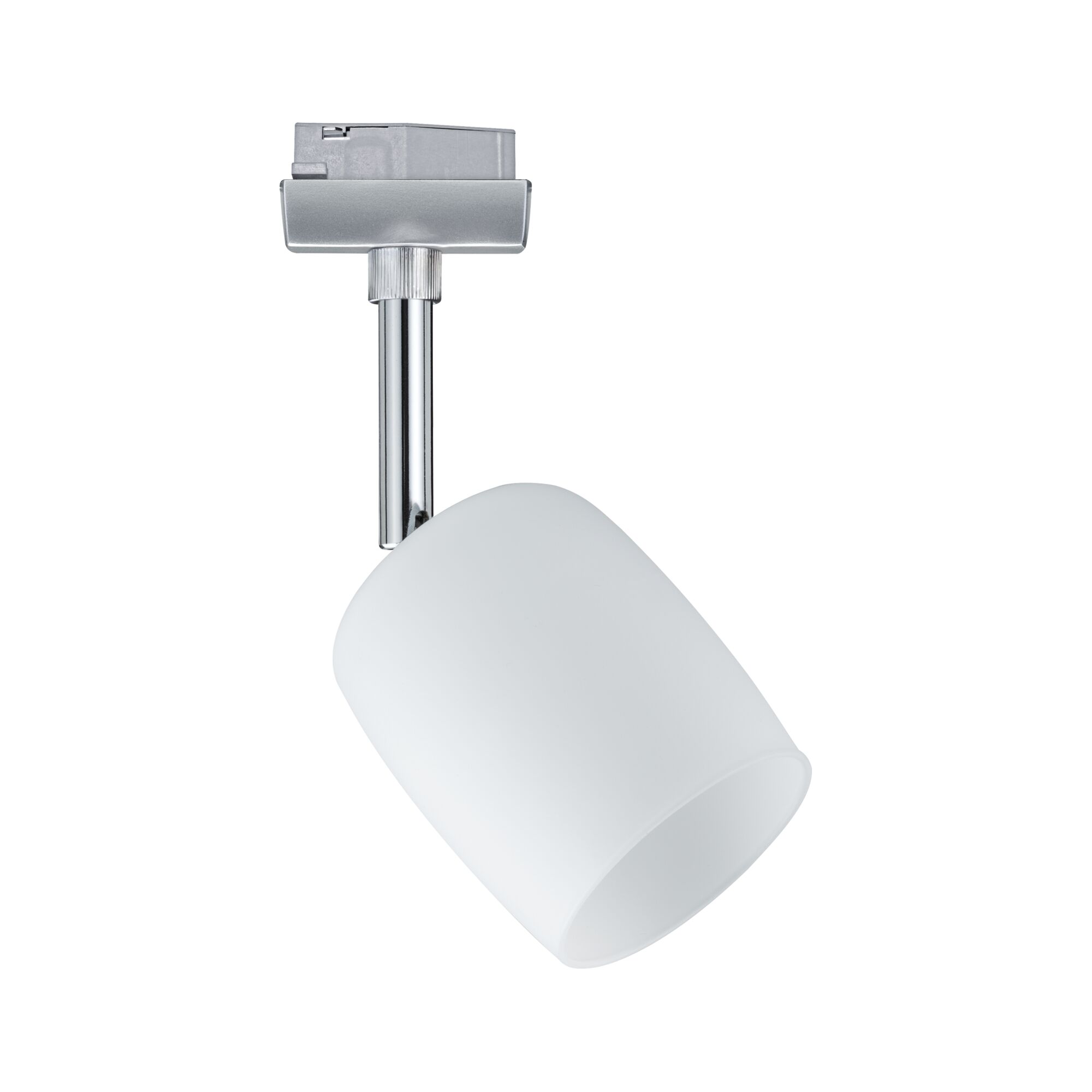 Moderne witte glazen kap op chromen metalen spots voor railsystemen, LED-verlichting