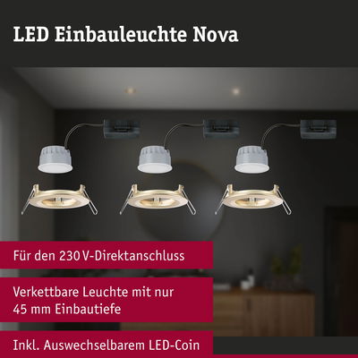 LED Einbauleuchte Nova in warmweiß mit 45 mm Einbautiefe und 230 V Direktanschluss für Wohnräume