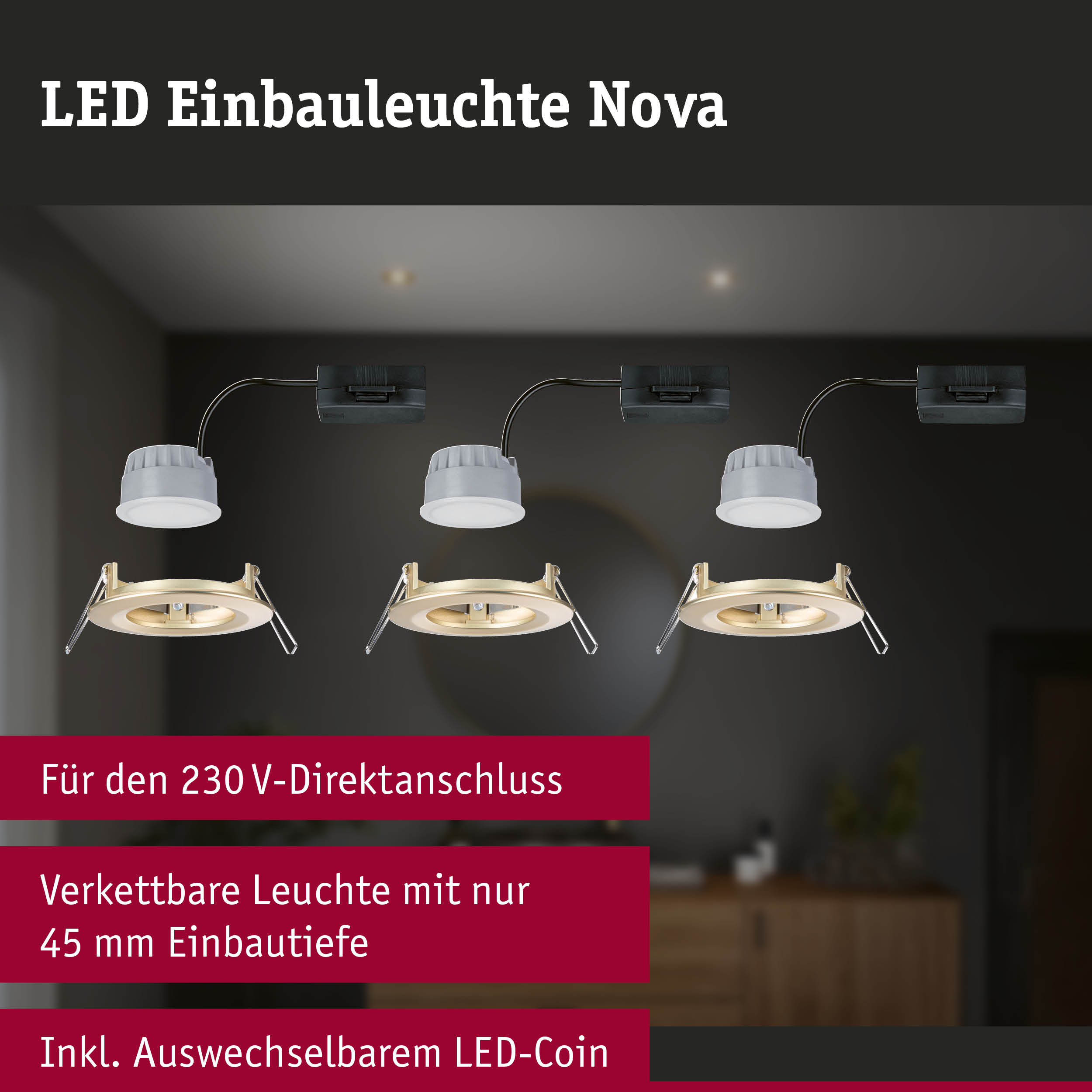 LED Einbauleuchte Nova in Weiß und Gold mit 230V Anschluss, vernetzbar und flach für moderne Beleuchtung