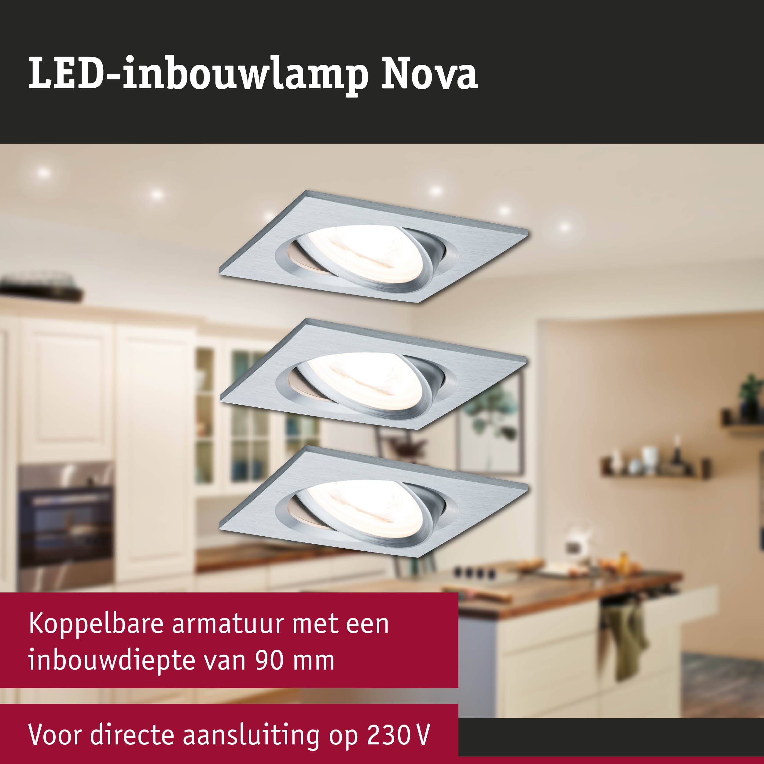 Vierkante LED-inbouwspot Nova van geborsteld aluminium, geschikt voor moderne keukenverlichting