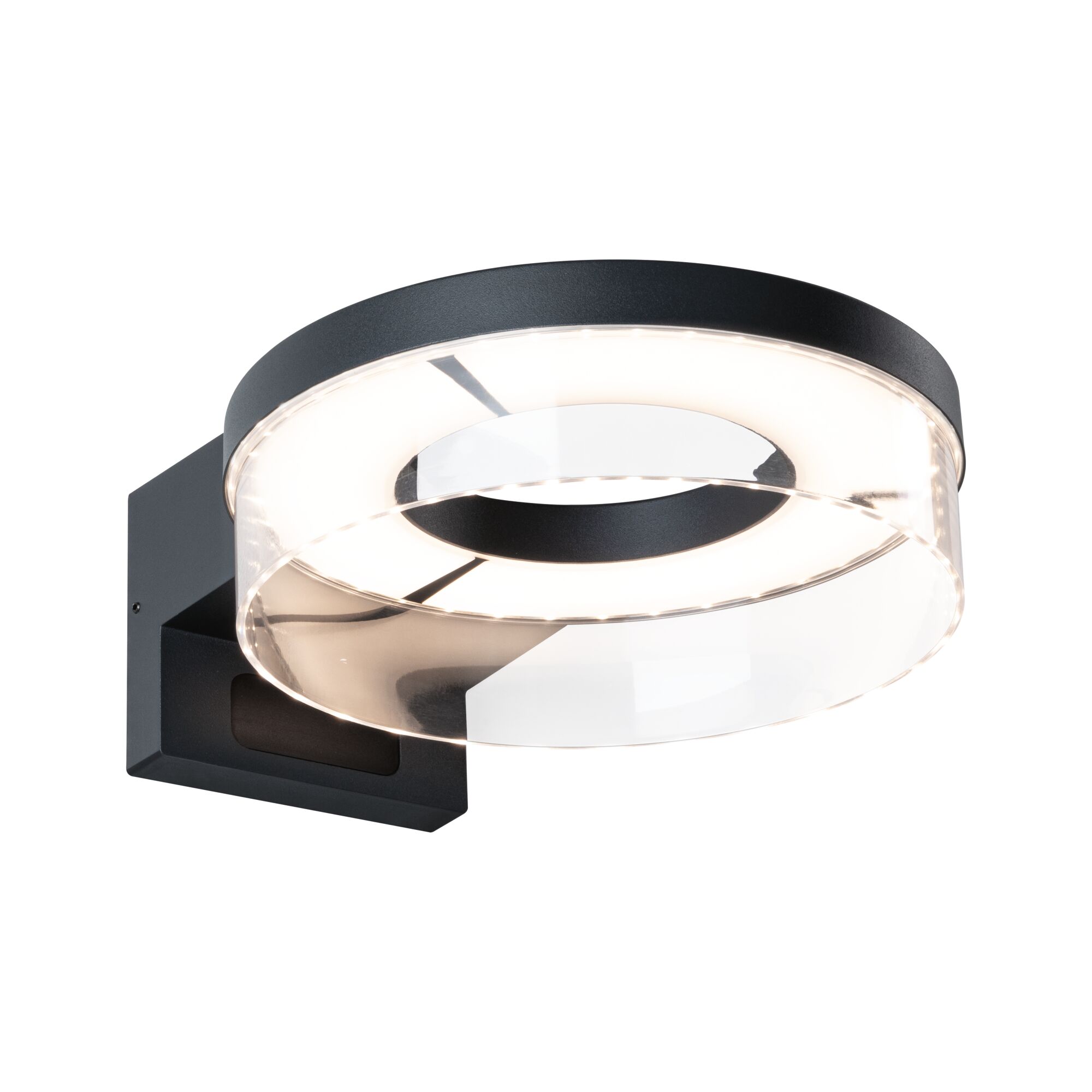 Moderne LED-wandlamp met zwart metaal en transparante acrylring voor sfeerverlichting binnenshuis