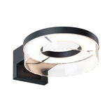 Moderne LED-wandlamp met zwart metaal en transparante acrylring voor sfeerverlichting binnenshuis