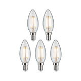 Set of five clear LED candle bulbs with E14 base emitting warm white light for energy-efficient lighting