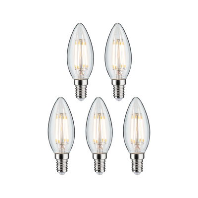 Set of five clear LED candle bulbs with E14 base emitting warm white light for energy-efficient lighting