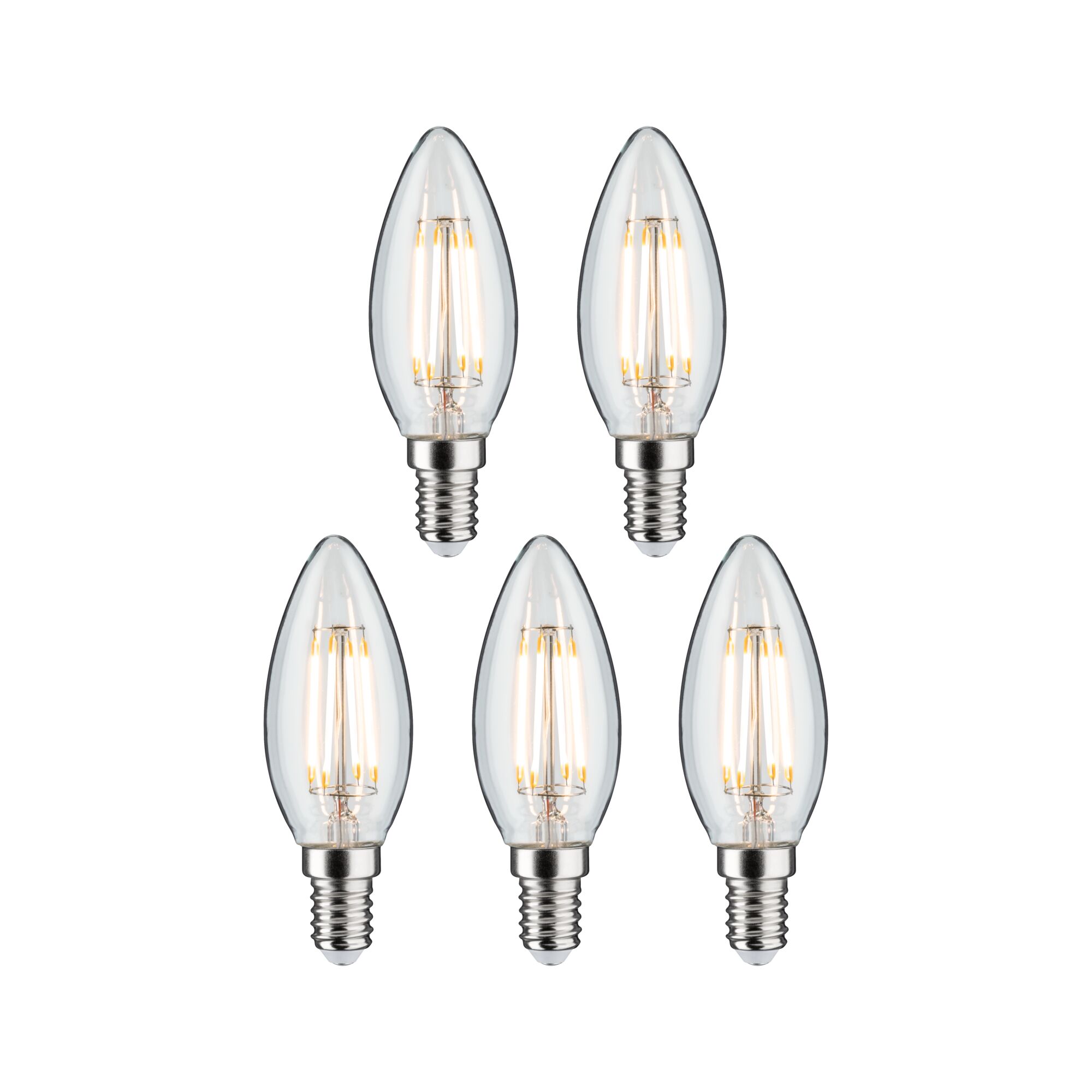 Fünf klare LED-Kerzenlampen mit E14-Fassung und warmweißem Licht für energiesparende Beleuchtung