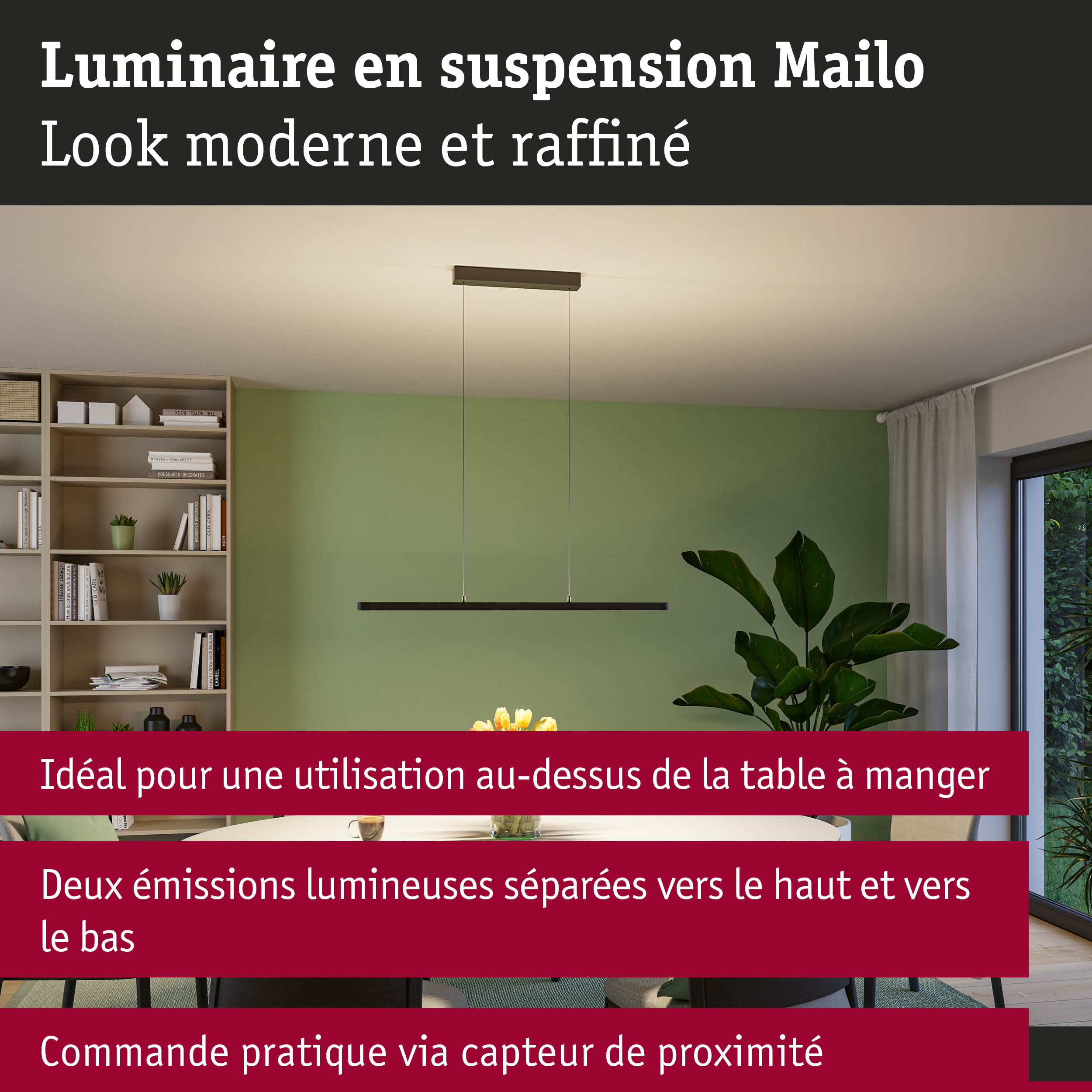 Luminaire suspendu LED noir Mailo avec double émission lumineuse pour salle à manger moderne