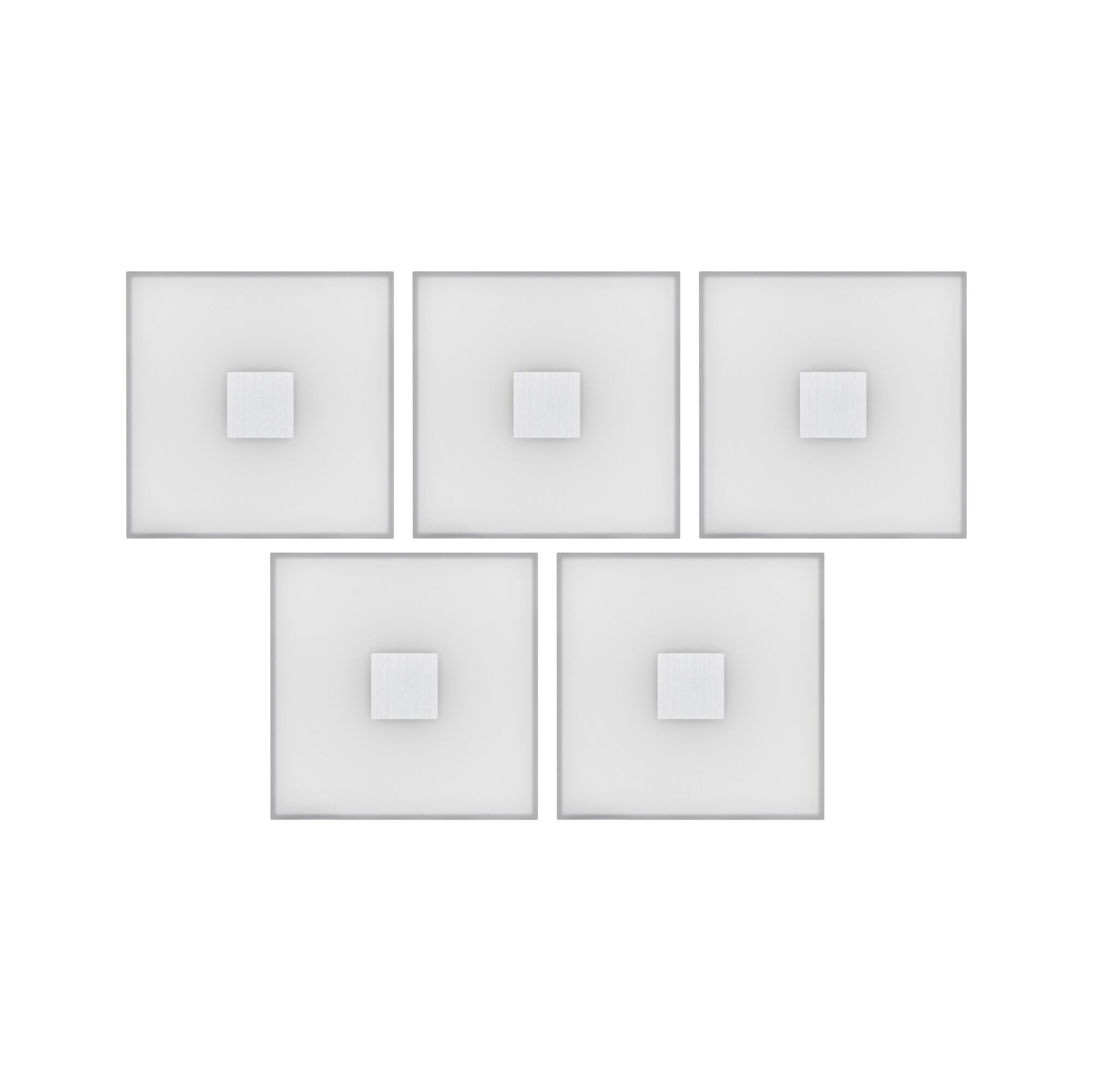 Set of five square ceiling lights with white glass and silver metal center for modern indoor lighting