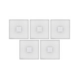 Set of five square ceiling lights with white glass and silver metal center for modern indoor lighting