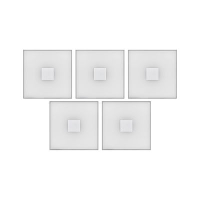 Set of five square ceiling lights with white glass and silver metal center for modern indoor lighting